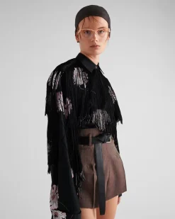 Mujer Prada CAMISAS Y TOPS^Camisa De Popelín Estampada Con Flecos