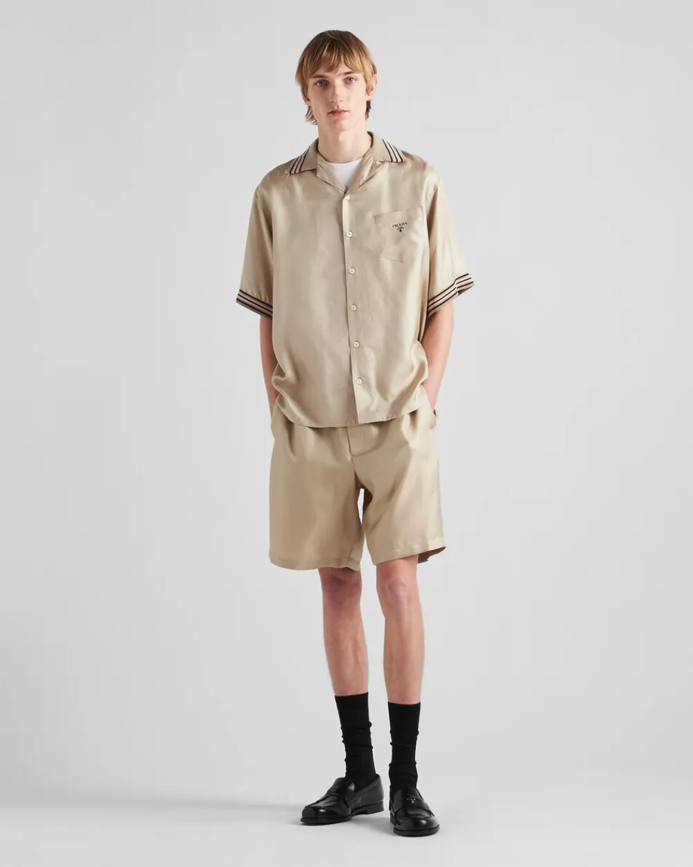 Hombre Prada CAMISAS^Camisa De Sarga De Seda De Manga Corta