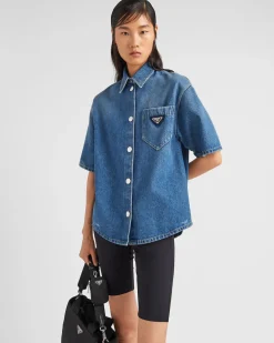 Mujer Prada TEJIDO VAQUERO^Camisa De Tejido Vaquero
