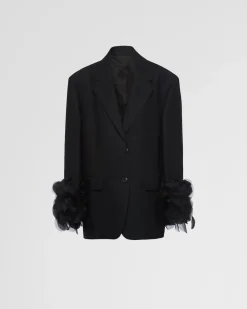 Mujer Prada CHAQUETAS Y ABRIGOS^Chaqueta De Lana De Botonadura Simple Con Detalle De Plumas