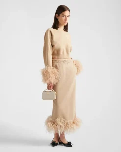 Mujer Prada CAMISETAS Y SUDADERAS|FALDAS^Falda De Felpa De Algodón Con Ribete De Plumas