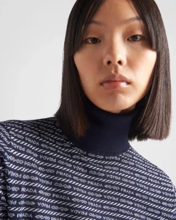 Mujer Prada TEJIDOS DE PUNTO^Jersey De Cuello Alto De Lana Superfina Con Logo De Intarsia
