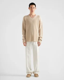 Hombre Prada TEJIDOS DE PUNTO^Jersey De Lino Y Cachemir Con Cuello De Pico
