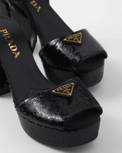 Mujer Prada SANDALIAS^Sandalias De Satén Y Lentejuelas Con Plataforma