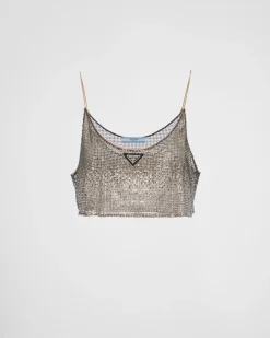 Mujer Prada CAMISAS Y TOPS^Top De Malla Bordado Con Pedrería