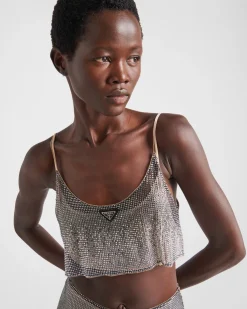 Mujer Prada CAMISAS Y TOPS^Top De Malla Bordado Con Pedrería