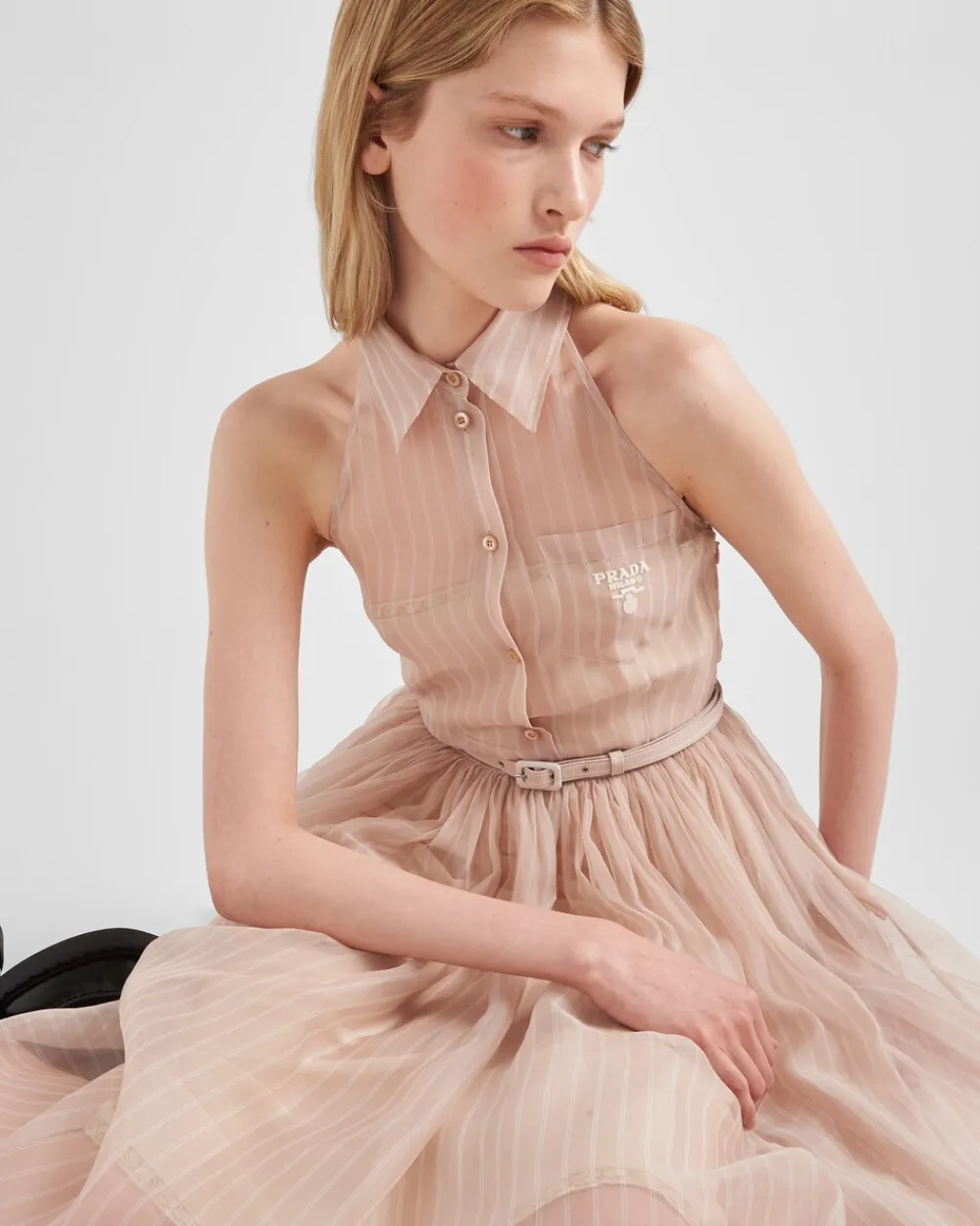 Mujer Prada VESTIDOS^Vestido Bordado De Organza A Rayas